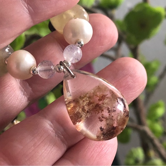 Handcrafted repurpose genuine ghost quartz pendant Czech glass Pearl necklace - Picture 2 of 16